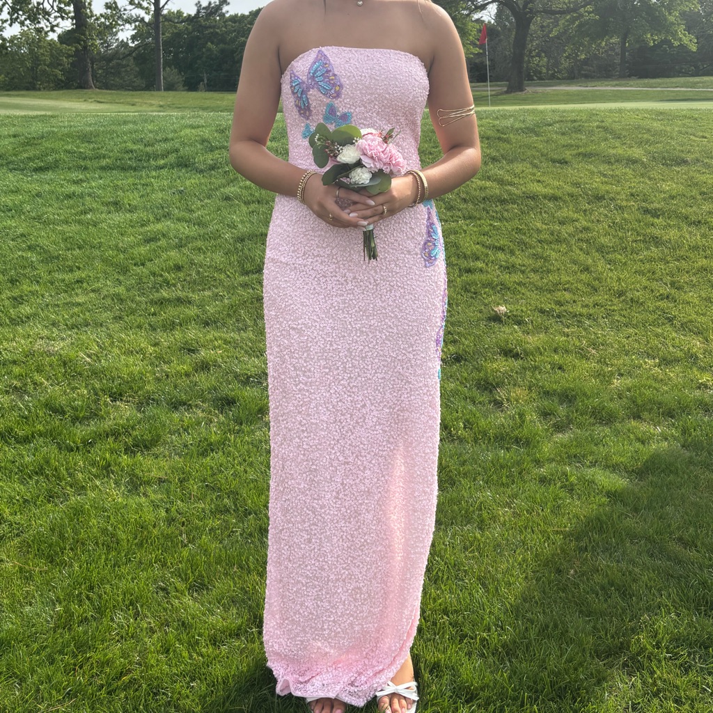 Strapless Pink Sequin Evening Gown With Butterfly Accents